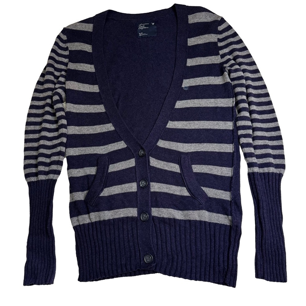 American Eagle Navy and Gray Striped Cardigan Size Medium Button Down Vintage - Picture 9 of 12